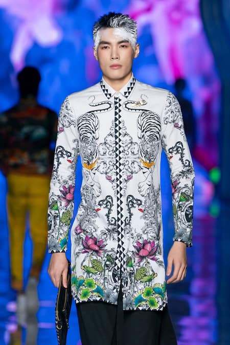 MR. Ajay Kumar_White Cotton Botanical Print Shirt Kurta _at_Aza_Fashions