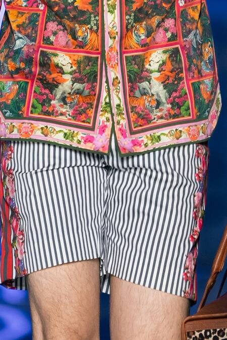 Buy_MR. Ajay Kumar_Multi Color Cotton Floral Stripe Print Shorts _Online_at_Aza_Fashions
