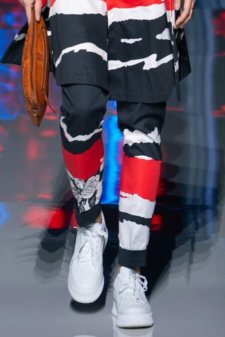 MR. Ajay Kumar_Black Cotton Tecton Abstract Printed Pant _Online_at_Aza_Fashions