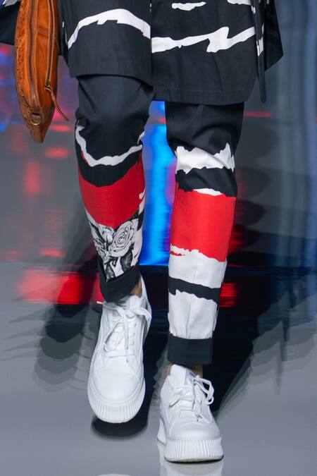 Buy_MR. Ajay Kumar_Black Cotton Tecton Abstract Printed Pant _Online_at_Aza_Fashions