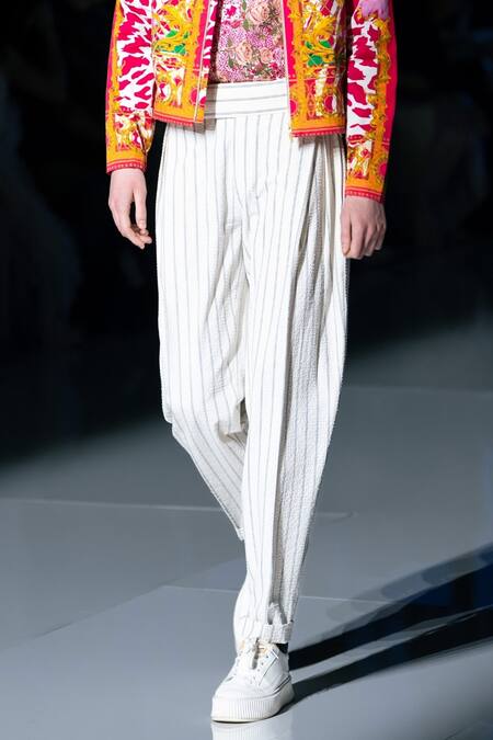 MR. Ajay Kumar_White Cotton Stripe Print Pant _Online_at_Aza_Fashions