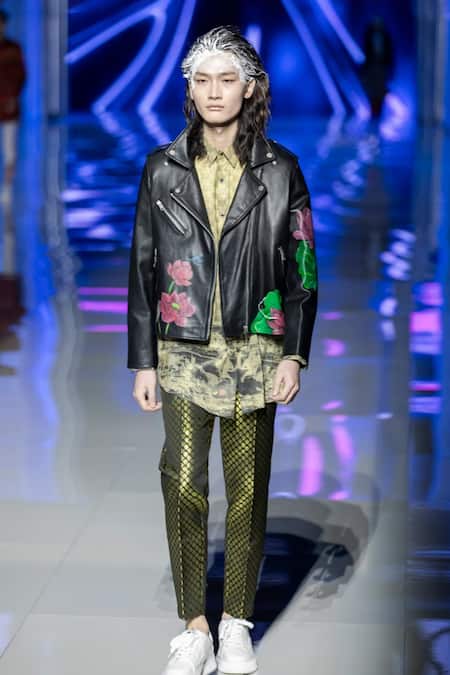 Buy_MR. Ajay Kumar_Gold Cotton Leaf Woven Pant _Online_at_Aza_Fashions