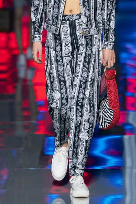 MR. Ajay Kumar_Black Cotton Floral Stripe Print Pant _Online_at_Aza_Fashions