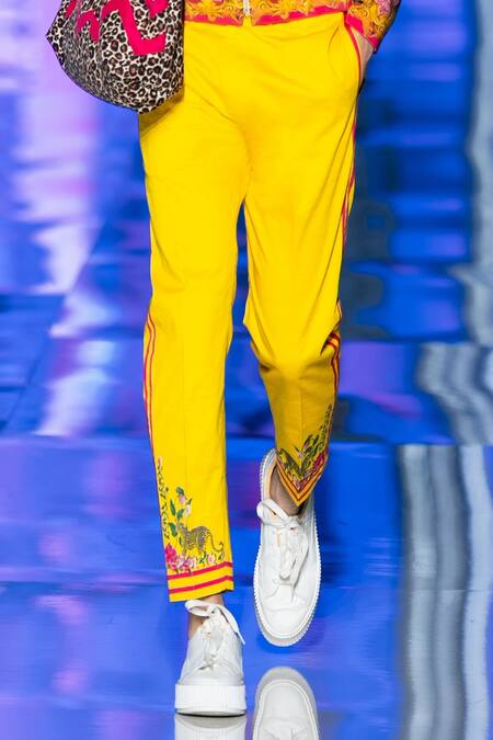 MR. Ajay Kumar_Yellow Cotton Botanical Print Pant _Online_at_Aza_Fashions