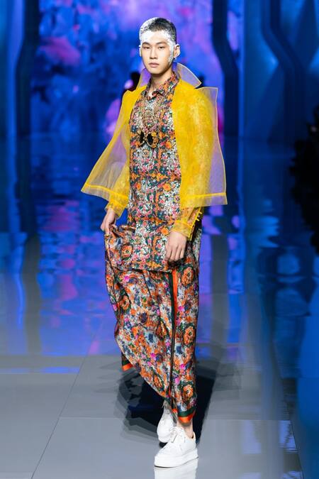 MR. Ajay Kumar_Multi Color Silk Floral Print Flared Pant _Online_at_Aza_Fashions