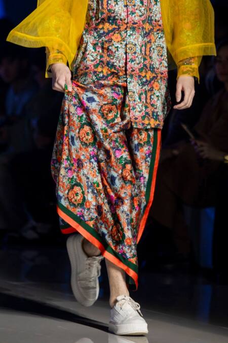 Buy_MR. Ajay Kumar_Multi Color Silk Floral Print Flared Pant _Online_at_Aza_Fashions