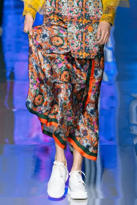 Shop_MR. Ajay Kumar_Multi Color Silk Floral Print Flared Pant _Online_at_Aza_Fashions