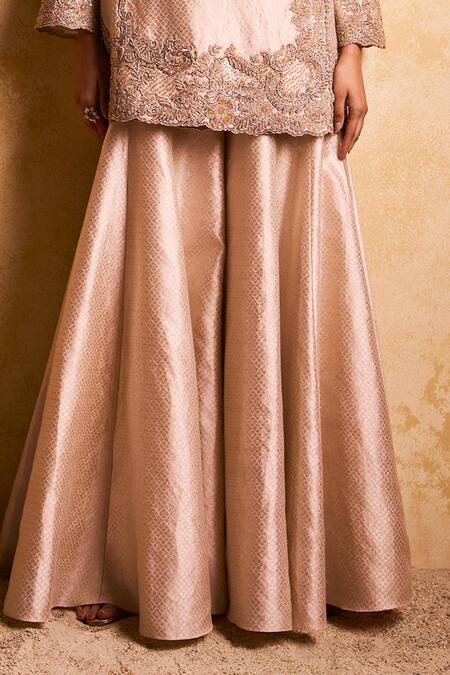 Buy_Pankaj & Nidhi_Rose Gold Brocade Zari, Embroidery Plunge Neck Geometric Kurta And Sharara Set _Online_at_Aza_Fashions