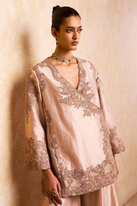 Shop_Pankaj & Nidhi_Rose Gold Brocade Zari, Embroidery Plunge Neck Geometric Kurta And Sharara Set _Online_at_Aza_Fashions