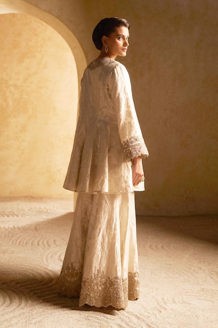 Pankaj & Nidhi Ivory Floral Woven Peplum Kurta Set 