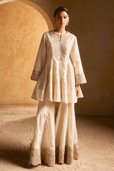 Pankaj & Nidhi Ivory Floral Woven Peplum Kurta Set 