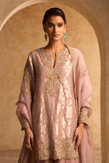 Buy Pankaj & Nidhi Pink Brocade, Chiffon Zari, Embroidery Floral Zardozi Embellished Kurta Set Online at Aza Fashions Buy_Pankaj & Nidhi_Pink Brocade, Chiffon Zari, Embroidery Floral Zardozi Embellished Kurta Set _Online_at_Aza_Fashions