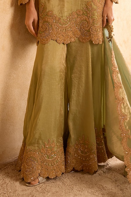Pankaj & Nidhi Green Brocade, Chiffon Zari, Embroidery Floral Zardozi Embellished Kurta Set Online at Aza Fashions Pankaj & Nidhi_Green Brocade, Chiffon Zari, Embroidery Floral Zardozi Embellished Kurta Set _Online_at_Aza_Fashions