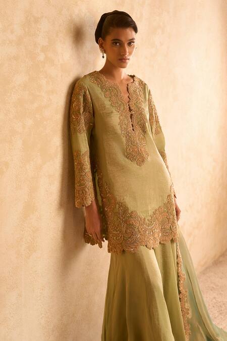 Buy Pankaj & Nidhi Green Brocade, Chiffon Zari, Embroidery Floral Zardozi Embellished Kurta Set Online at Aza Fashions Buy_Pankaj & Nidhi_Green Brocade, Chiffon Zari, Embroidery Floral Zardozi Embellished Kurta Set _Online_at_Aza_Fashions
