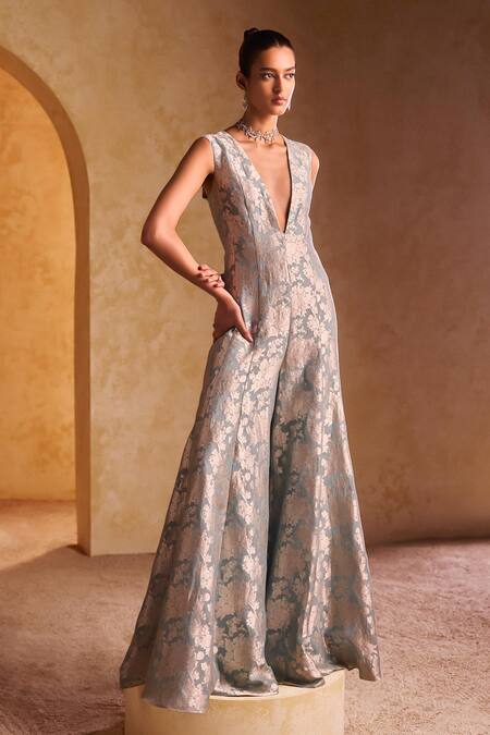 Pankaj & Nidhi_Blue Tulle, Brocade Pearls V-neck, Floral Woven Jumpsuit And Embellished Jacket _Online_at_Aza_Fashions