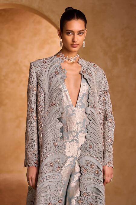Buy_Pankaj & Nidhi_Blue Tulle, Brocade Pearls V-neck, Floral Woven Jumpsuit And Embellished Jacket _Online_at_Aza_Fashions