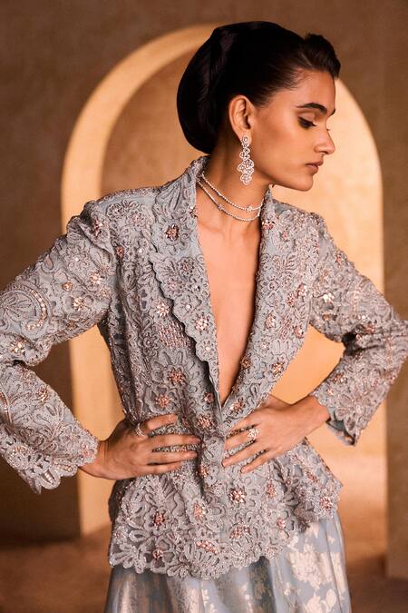 Buy_Pankaj & Nidhi_Aqua Tulle, Brocade Pearls V-neck Pearlesque Cord Embellished Jacket And Skirt Set _Online_at_Aza_Fashions