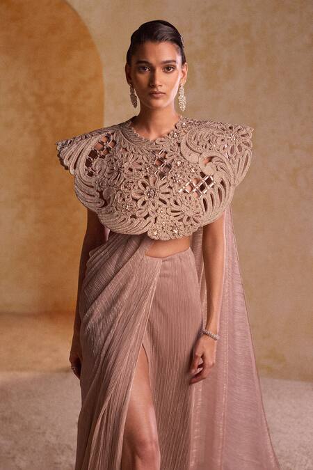 Pankaj & Nidhi_Beige Tulle Gold Pre-draped Saree Set With Cape _Online_at_Aza_Fashions