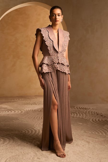 Pankaj & Nidhi_Brown Tulle, Lurex Sequins, Cut Tabac Stripe Pattern Jumpsuit And Cutwork Jacket _Online_at_Aza_Fashions