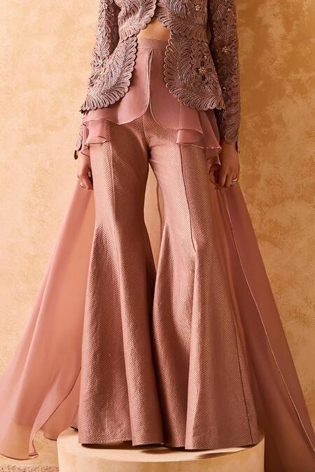 Pankaj & Nidhi_Brown Brocade, Tulle Pearls Scoop Neck Cord Embellished Jacket And Sharara Set _Online_at_Aza_Fashions