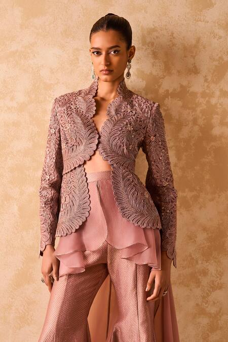 Shop_Pankaj & Nidhi_Brown Brocade, Tulle Pearls Scoop Neck Cord Embellished Jacket And Sharara Set _Online_at_Aza_Fashions