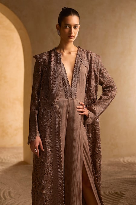 Buy_Pankaj & Nidhi_Brown Tulle, Lurex Embroidery Plunge Neck, Jumpsuit With Longline Jacket _Online_at_Aza_Fashions
