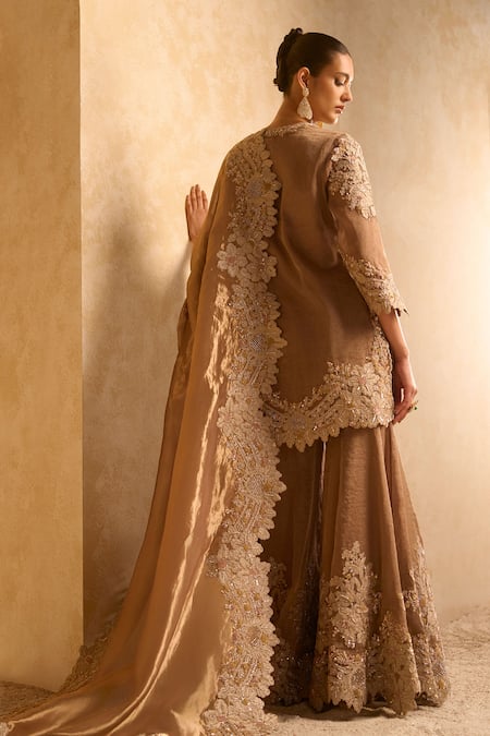 Pankaj & Nidhi Brown Embroidered Kurta Sharara Set