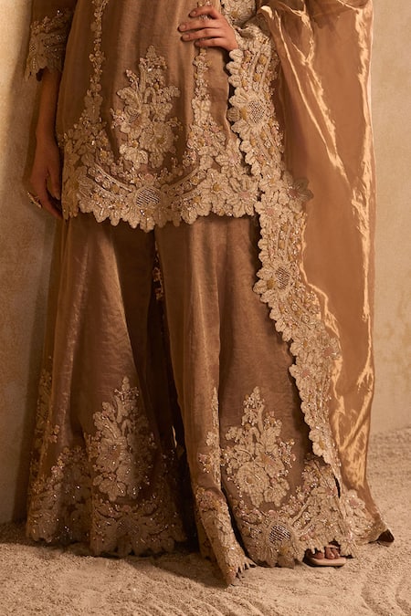Pankaj & Nidhi_Brown Silk Sequins, Zari, Embroidery Split V-neck Kurta Sharara Set _Online_at_Aza_Fashions