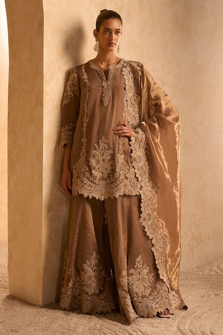 Pankaj & Nidhi Brown Embroidered Kurta Sharara Set 