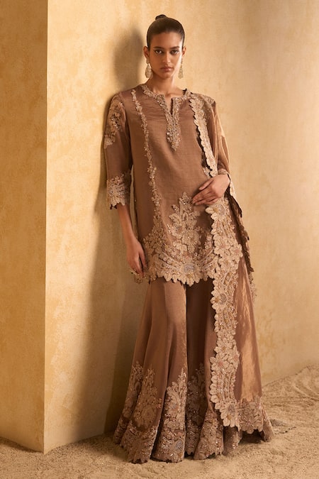 Buy_Pankaj & Nidhi_Brown Silk Sequins, Zari, Embroidery Split V-neck Kurta Sharara Set _Online_at_Aza_Fashions