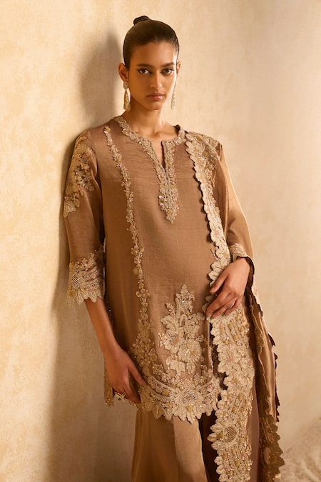 Shop_Pankaj & Nidhi_Brown Silk Sequins, Zari, Embroidery Split V-neck Kurta Sharara Set _Online_at_Aza_Fashions