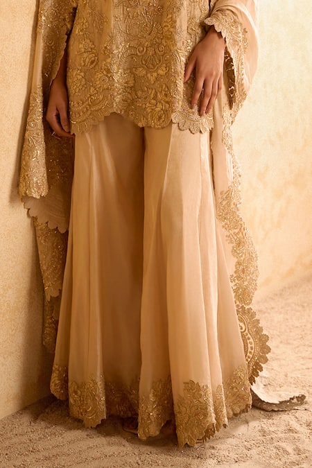 Pankaj & Nidhi Gold Silk, Tissue Zari, Sequins, Beads Split Embroidered Kurta Sharara Set Online at Aza Fashions Pankaj & Nidhi_Gold Silk, Tissue Zari, Sequins, Beads Split Embroidered Kurta Sharara Set _Online_at_Aza_Fashions