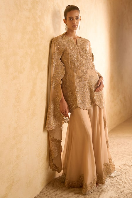 Buy Pankaj & Nidhi Gold Silk, Tissue Zari, Sequins, Beads Split Embroidered Kurta Sharara Set Online at Aza Fashions Buy_Pankaj & Nidhi_Gold Silk, Tissue Zari, Sequins, Beads Split Embroidered Kurta Sharara Set _Online_at_Aza_Fashions