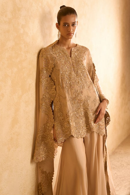 Shop Pankaj & Nidhi Gold Silk, Tissue Zari, Sequins, Beads Split Embroidered Kurta Sharara Set Online at Aza Fashions Shop_Pankaj & Nidhi_Gold Silk, Tissue Zari, Sequins, Beads Split Embroidered Kurta Sharara Set _Online_at_Aza_Fashions