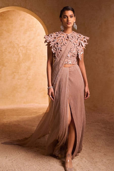 Shop_Pankaj & Nidhi_Beige Tulle, Lurex Cut Work, Sequins, Embroidery Gold Pre-draped Saree Set _at_Aza_Fashions