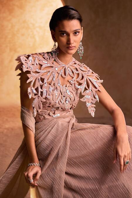 Pankaj & Nidhi_Beige Tulle, Lurex Cut Work, Sequins, Embroidery Gold Pre-draped Saree Set _Online_at_Aza_Fashions