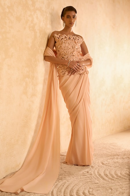 Pankaj & Nidhi Beige Embroidered Corset & Pre-Draped Saree 