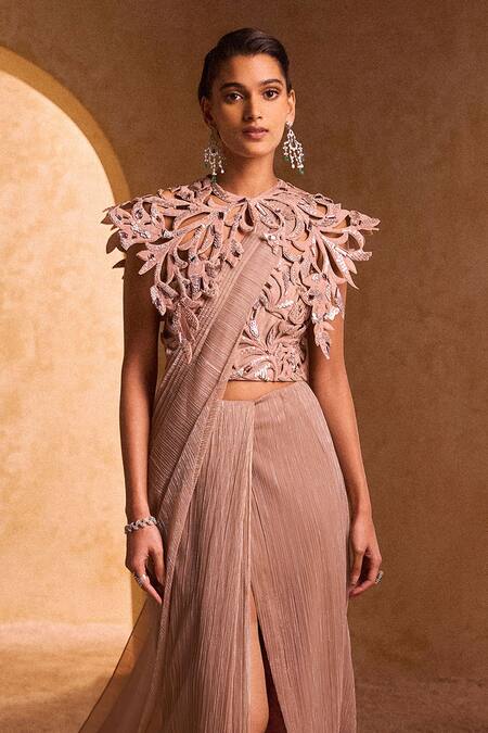 Pankaj & Nidhi_Beige Lurex Stripe Pre-draped Saree_Online_at_Aza_Fashions