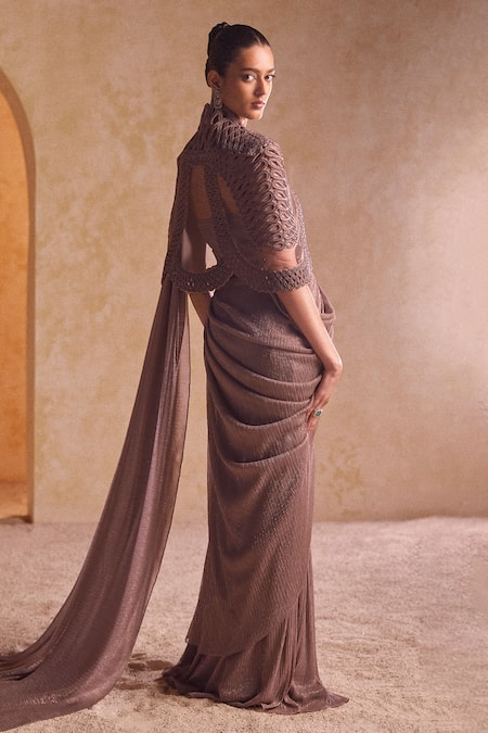 Shop Pankaj & Nidhi Brown Lurex Tabac Pleated Pre-draped Saree With Belt at Aza Fashions Shop_Pankaj & Nidhi_Brown Lurex Tabac Pleated Pre-draped Saree With Belt_at_Aza_Fashions