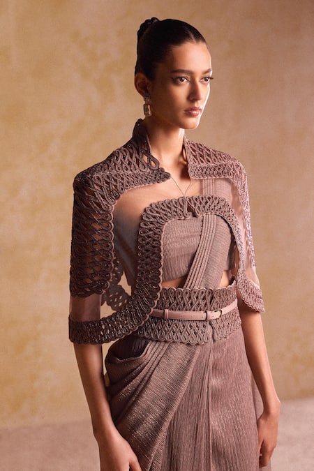 Pankaj & Nidhi_Brown Tulle, Lurex Embroidery Round Neck Pre-draped Saree Set With Cape _Online_at_Aza_Fashions
