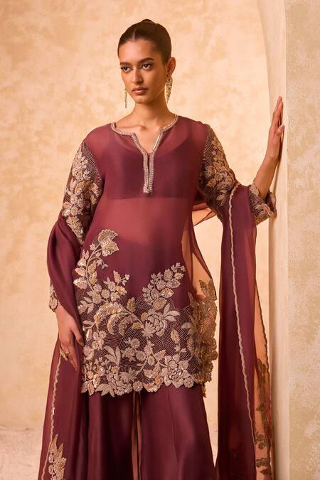 Pankaj & Nidhi Maroon Silk Organza Zari Split V-neck Embroidered Kurta Set Online at Aza Fashions Pankaj & Nidhi_Maroon Silk Organza Zari Split V-neck Embroidered Kurta Set _Online_at_Aza_Fashions