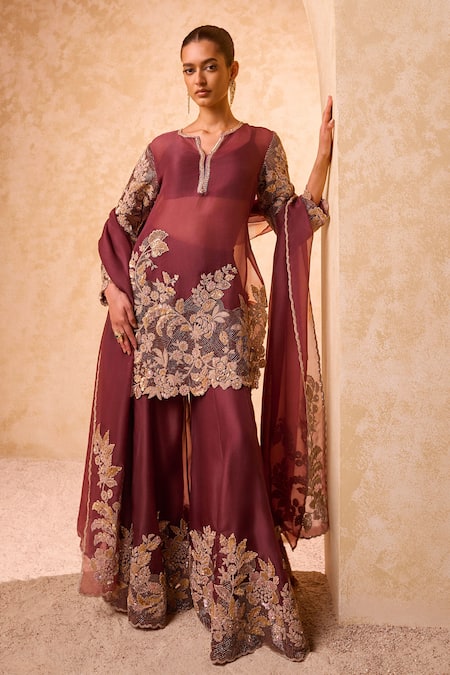 Pankaj & Nidhi Zari Embroidered Maroon Kurta Set 