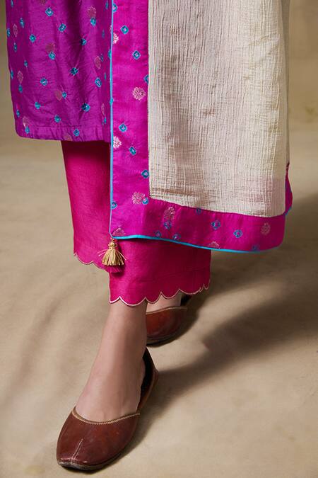 Saundh Pink Chanderi Silk, Muslin, Tissue Mirrors, Floral Gota Work Kurta Pant Set Online at Aza Fashions Saundh_Pink Chanderi Silk, Muslin, Tissue Mirrors, Floral Gota Work Kurta Pant Set _Online_at_Aza_Fashions