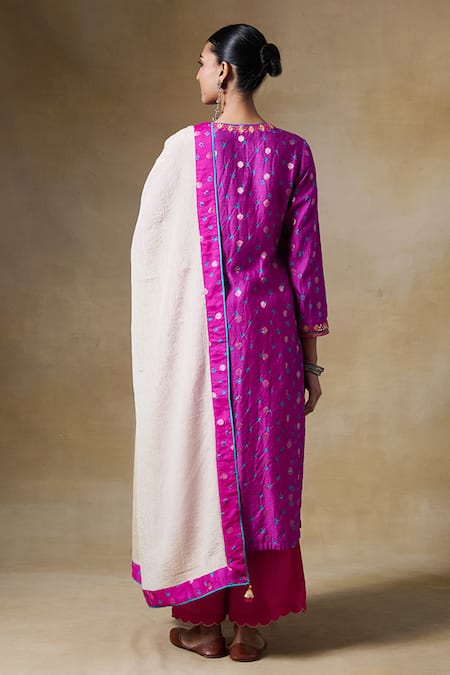 Shop Saundh Pink Chanderi Silk, Muslin, Tissue Mirrors, Floral Gota Work Kurta Pant Set at Aza Fashions Shop_Saundh_Pink Chanderi Silk, Muslin, Tissue Mirrors, Floral Gota Work Kurta Pant Set _at_Aza_Fashions