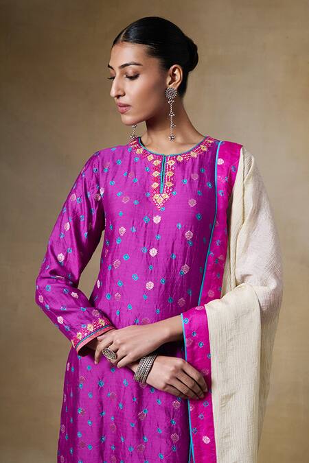 Saundh Pink Chanderi Silk, Muslin, Tissue Mirrors, Floral Gota Work Kurta Pant Set at Aza Fashions Saundh_Pink Chanderi Silk, Muslin, Tissue Mirrors, Floral Gota Work Kurta Pant Set _at_Aza_Fashions