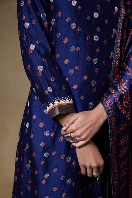 Saundh Blue Chanderi Silk, Muslin, Viscose Mirrors, Woven Butti Bandhani Kurta Pant Set Online at Aza Fashions Saundh_Blue Chanderi Silk, Muslin, Viscose Mirrors, Woven Butti Bandhani Kurta Pant Set_Online_at_Aza_Fashions