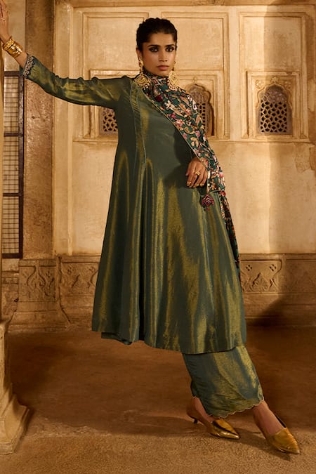 Shop_Saundh_Green Viscose, Brocade Beads Round Neck Floral Embroidered Kurta Set _Online_at_Aza_Fashions