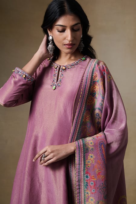 Saundh_Pink Viscose Beads, Stones, Tassels Metallic Floral Embroidered Kurta Pant Set _Online_at_Aza_Fashions