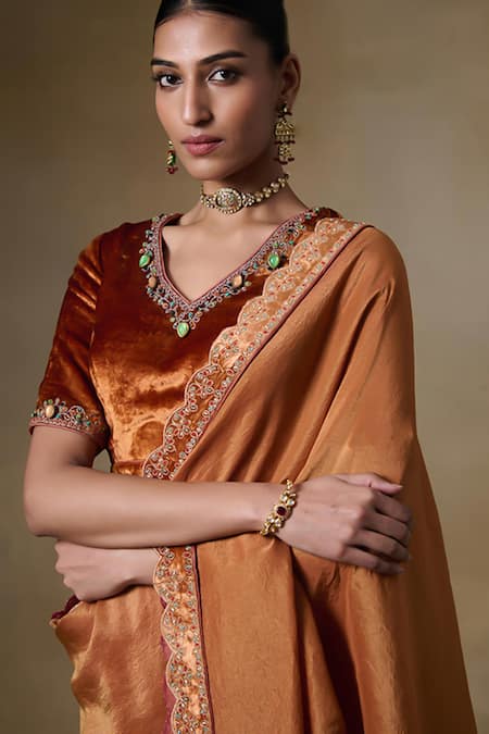 Saundh_Orange Viscose, Velvet Embroidery, Beads, Stones Border Saree And Blouse Piece_Online_at_Aza_Fashions