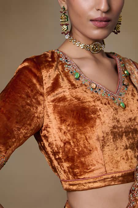Buy_Saundh_Orange Viscose, Velvet Embroidery, Beads, Stones Border Saree And Blouse Piece_Online_at_Aza_Fashions